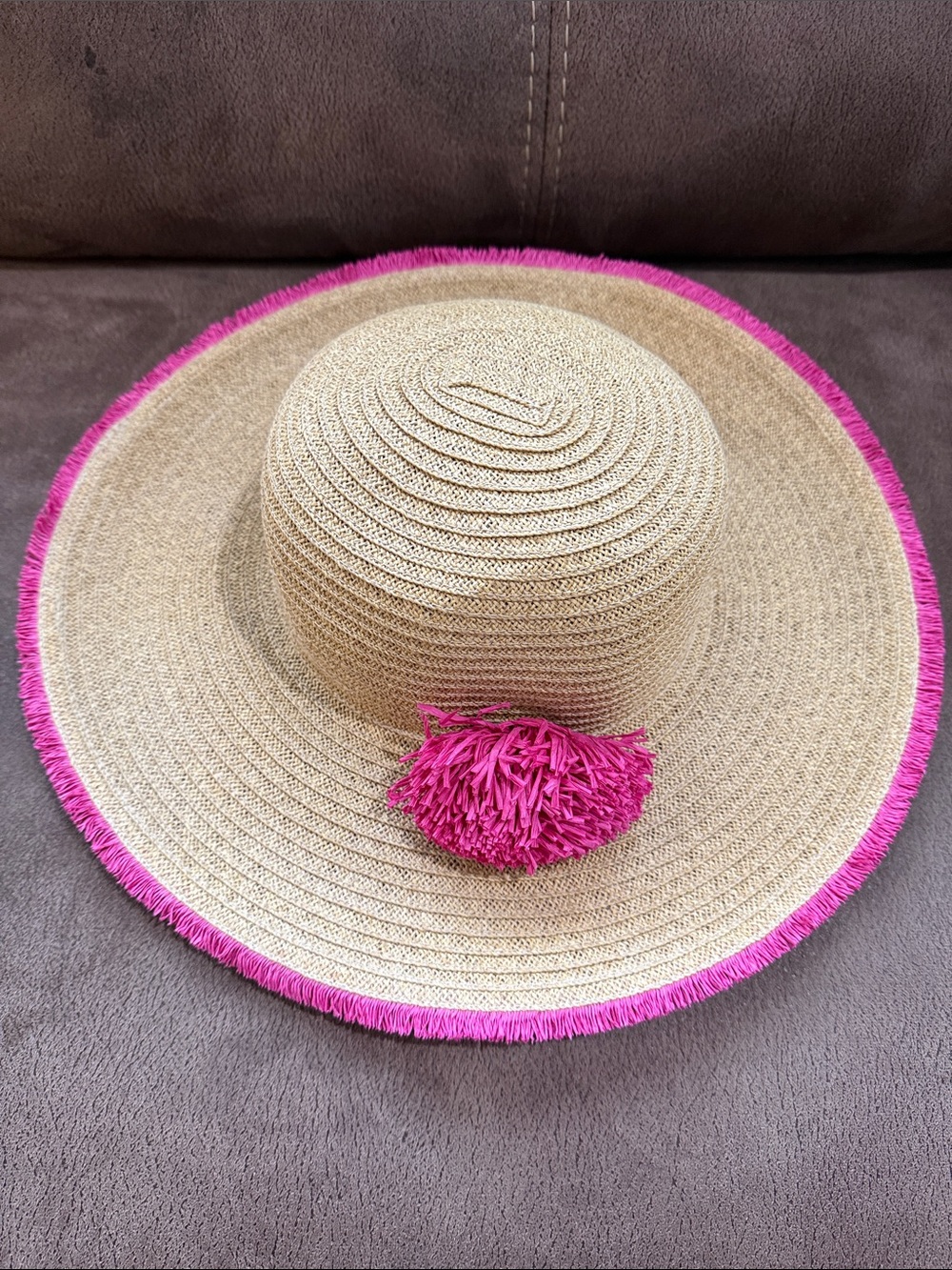 Wide Brim Straw Sun Hat with Pink Trim